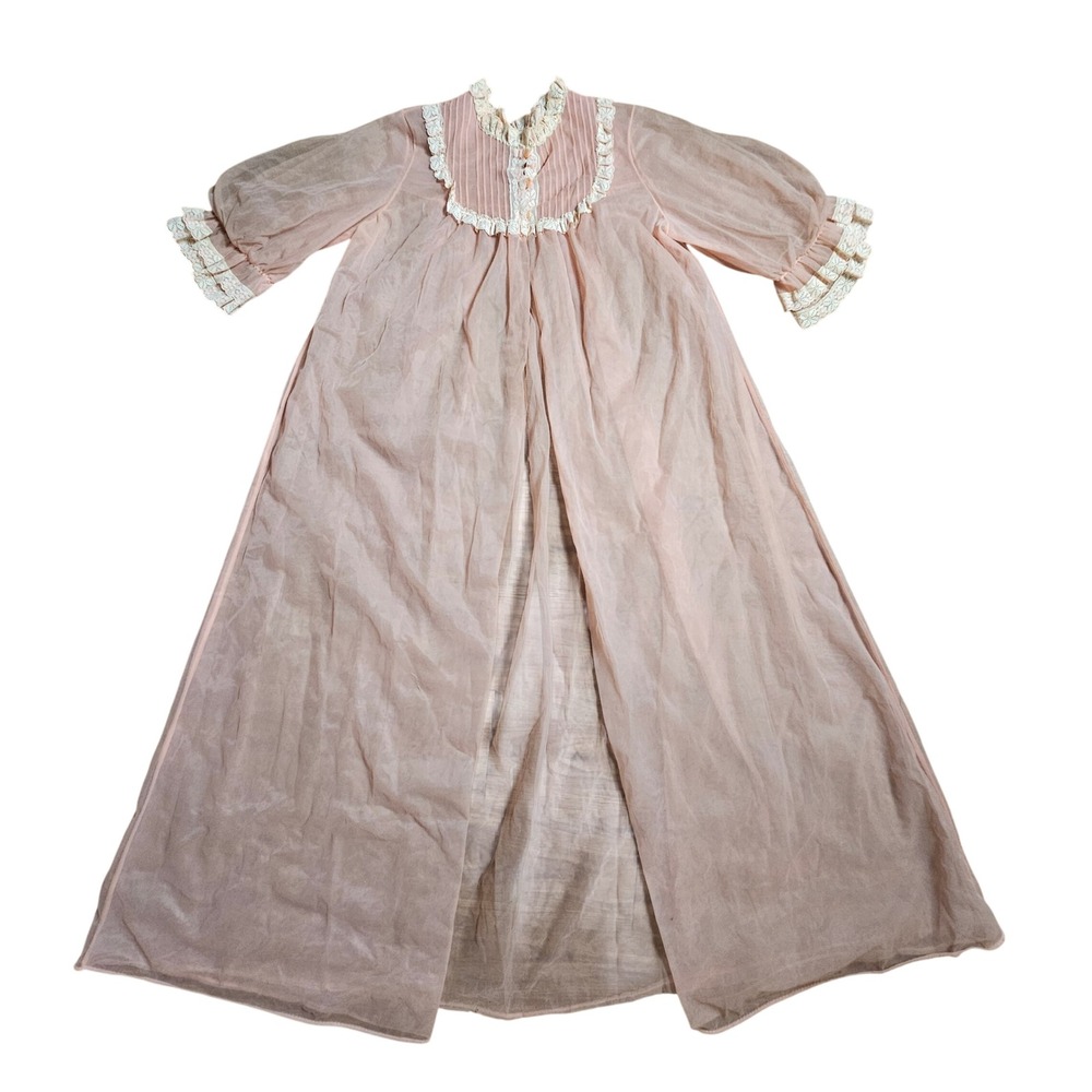 Vintage 60s M Sears Sheer Lace Peignoir Robe Puff Sleeve Pleated Night Gown